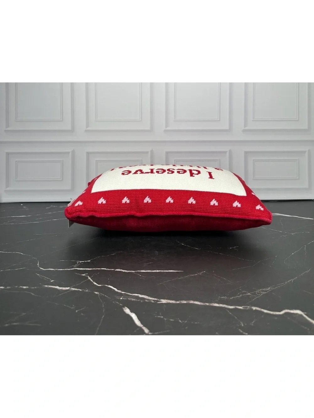 Red and White Decorative Pillow with 'I Deserve a Little Treat' Embroidery, 14x8